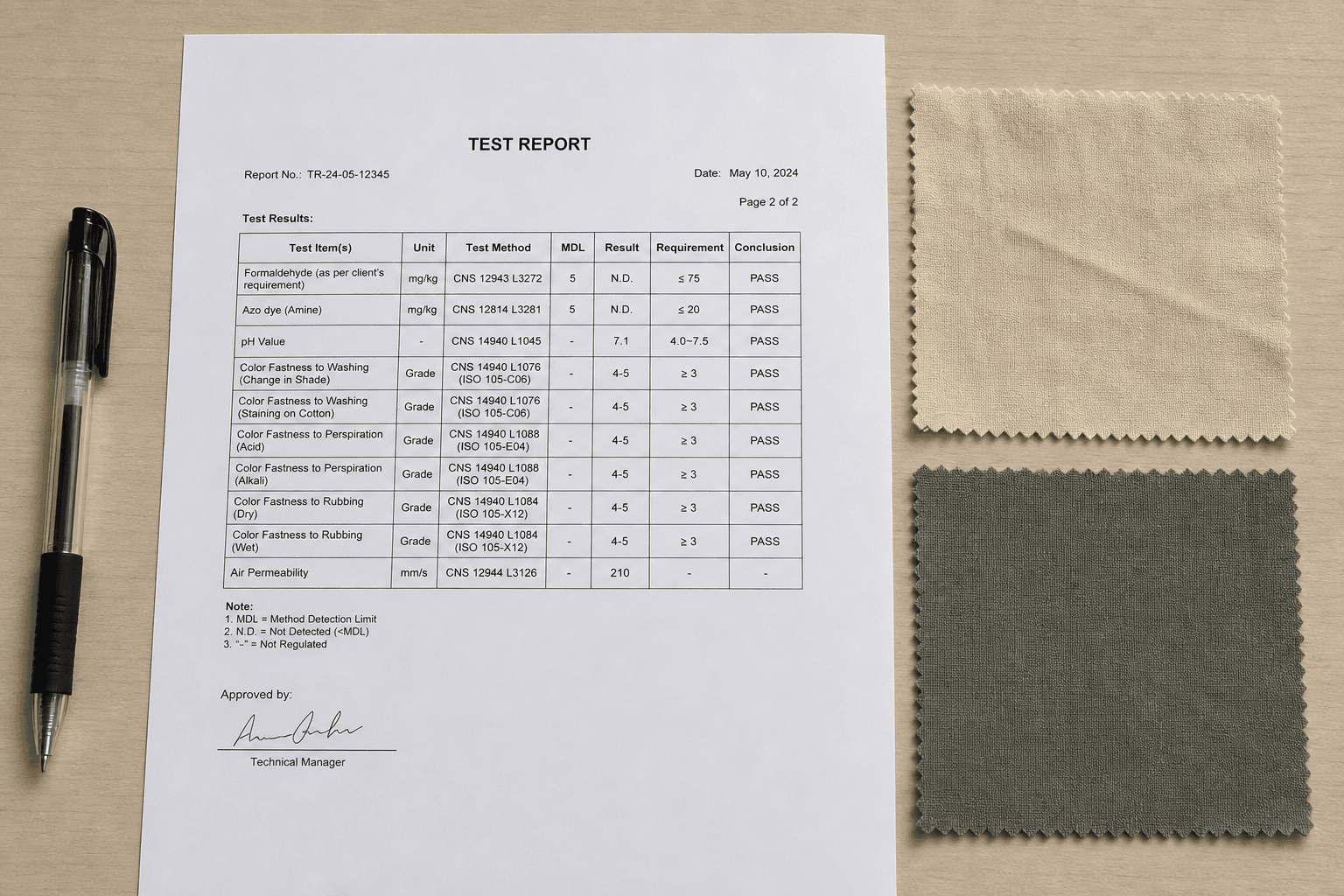 A textile test report with fabric swatches on a compliance desk
