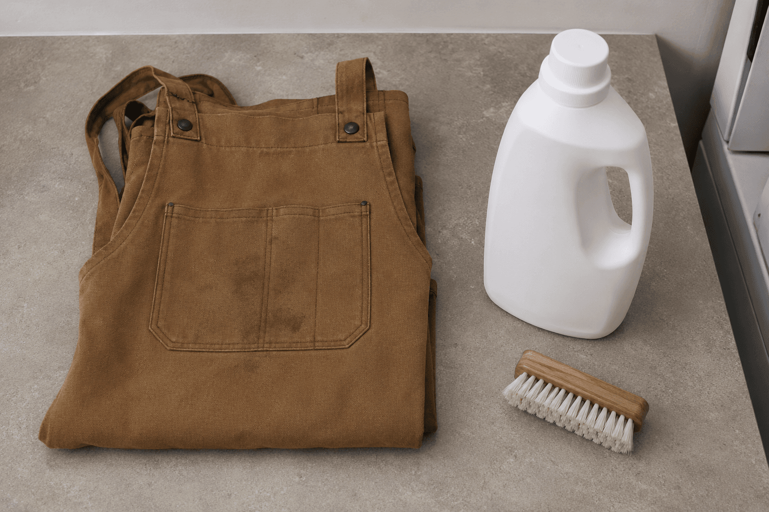 A stained work apron beside cleaning supplies on a laundry counter