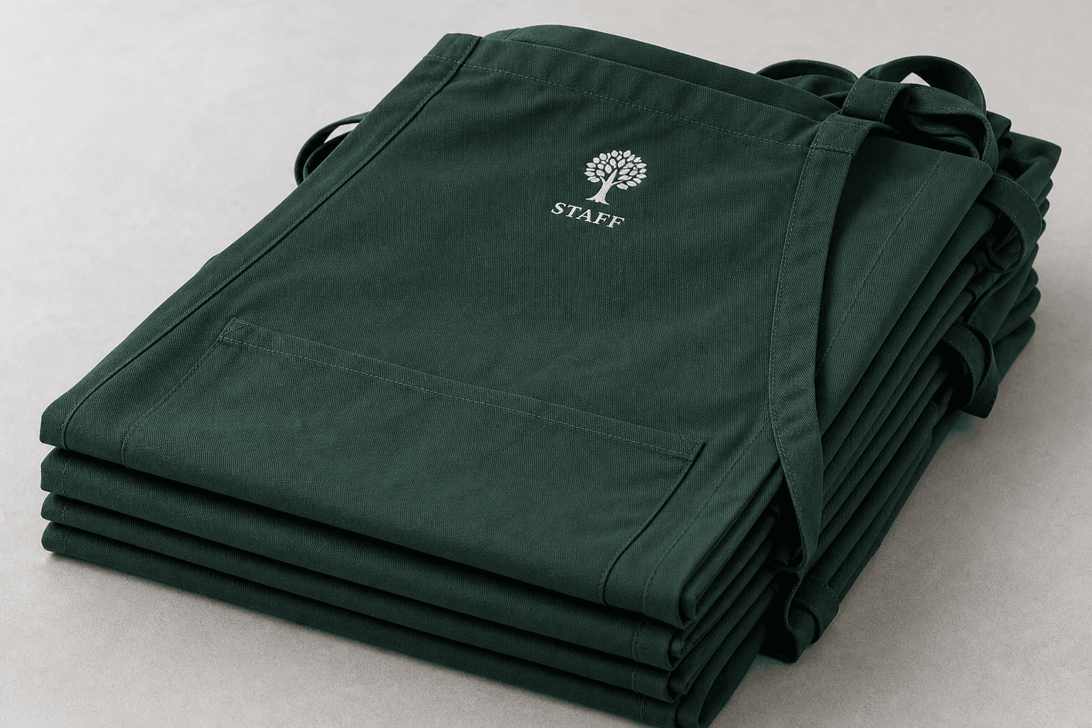 Folded branded retail staff aprons stacked for a store rollout