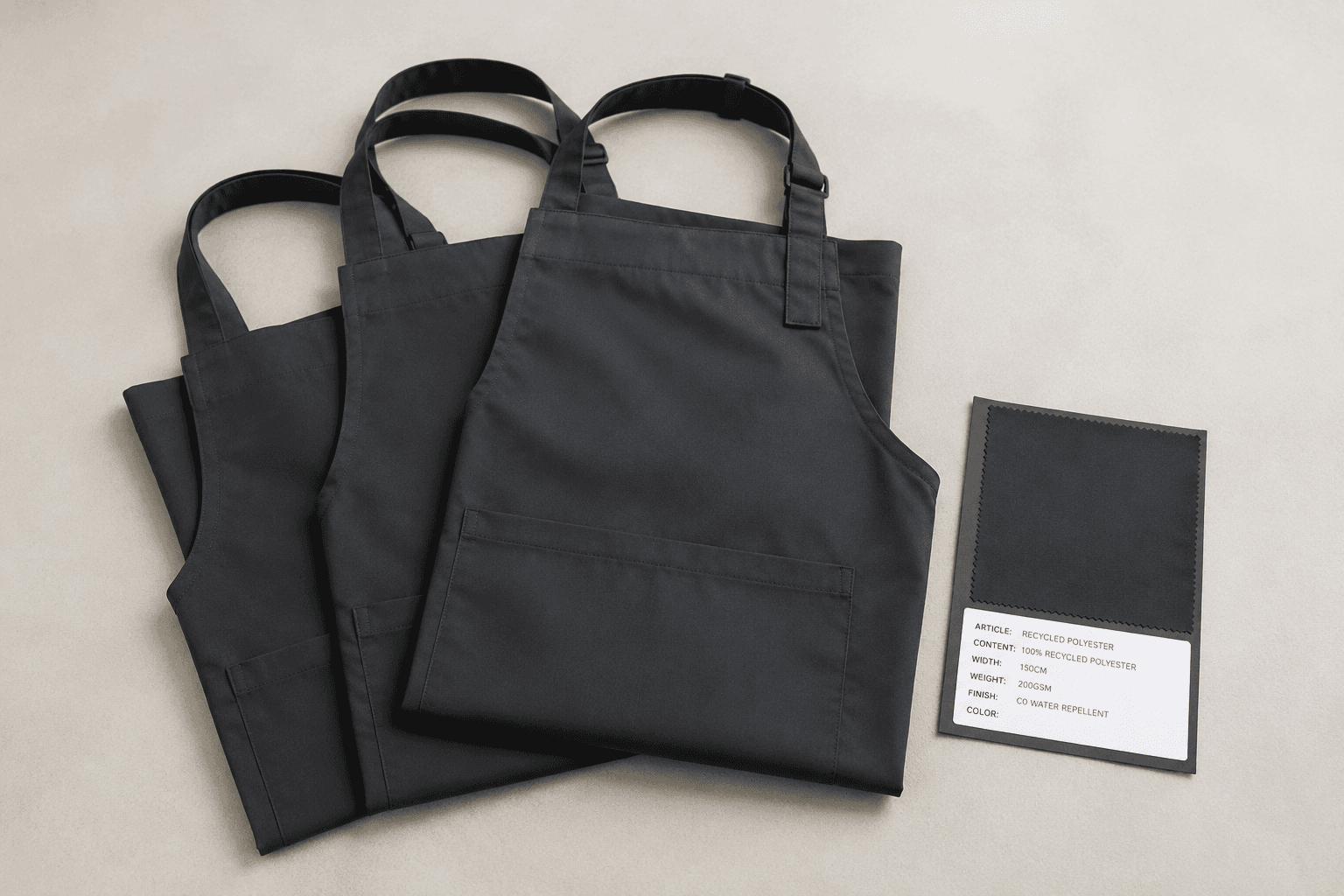 Folded recycled-polyester aprons with a small recycled-content swatch card