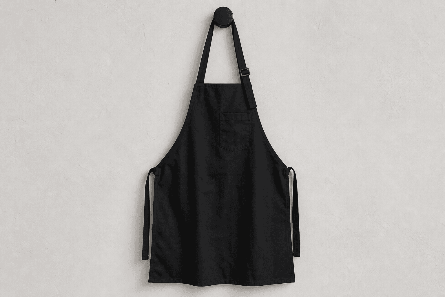 A lightweight black salon apron hanging on a wall hook