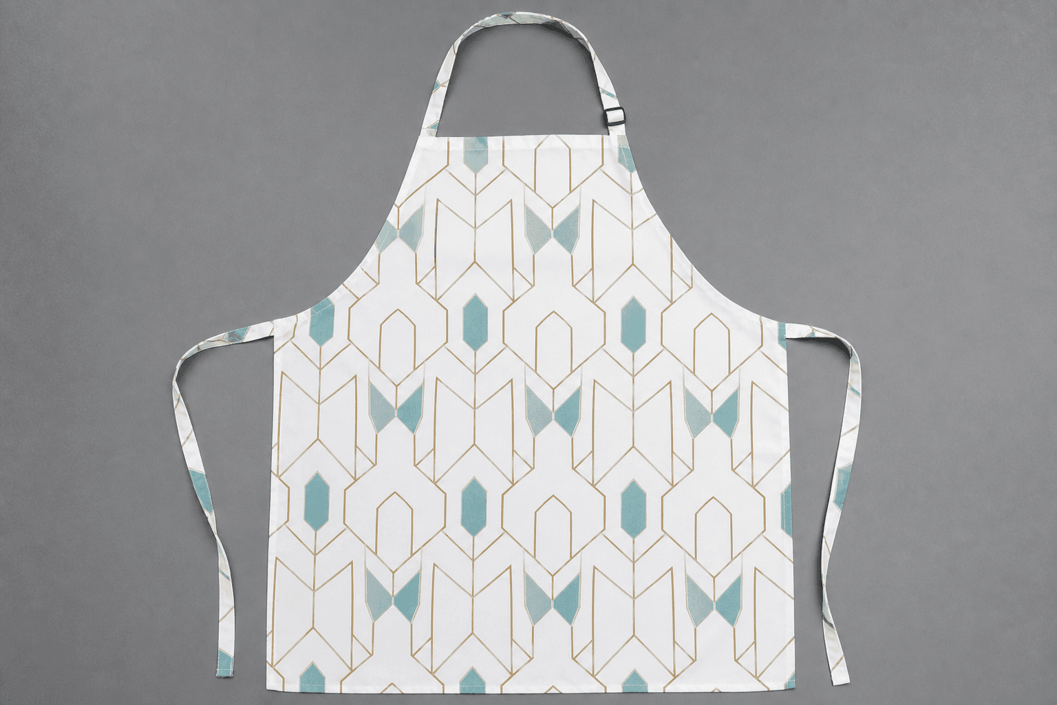 A polyester apron with an all-over sublimated pattern laid flat