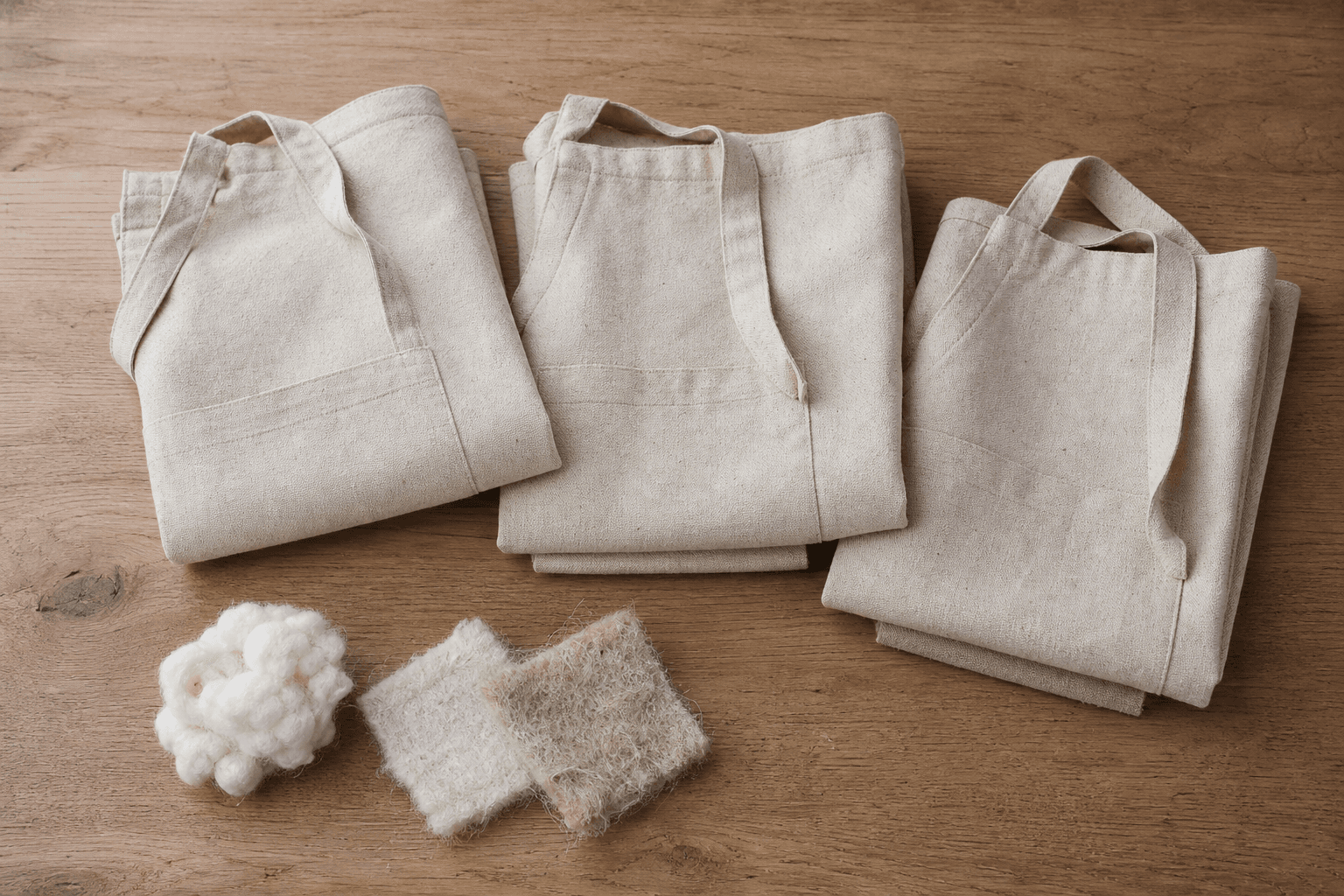Undyed organic cotton aprons folded with natural fiber swatches