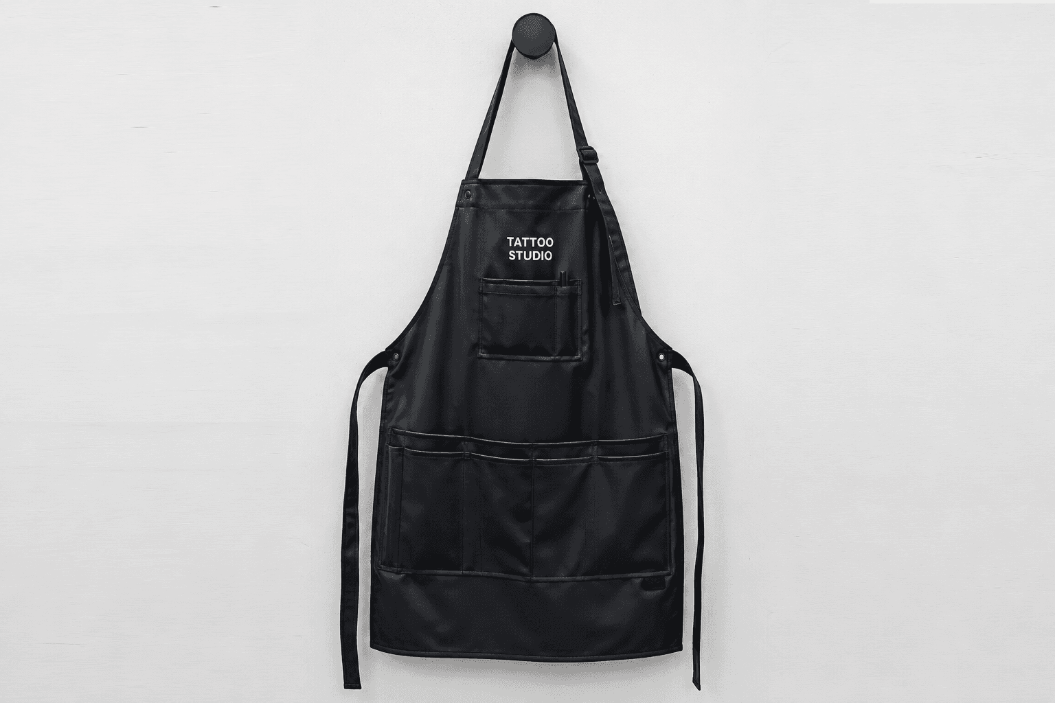 A black wipe-clean tattoo studio apron with pockets on a wall hook