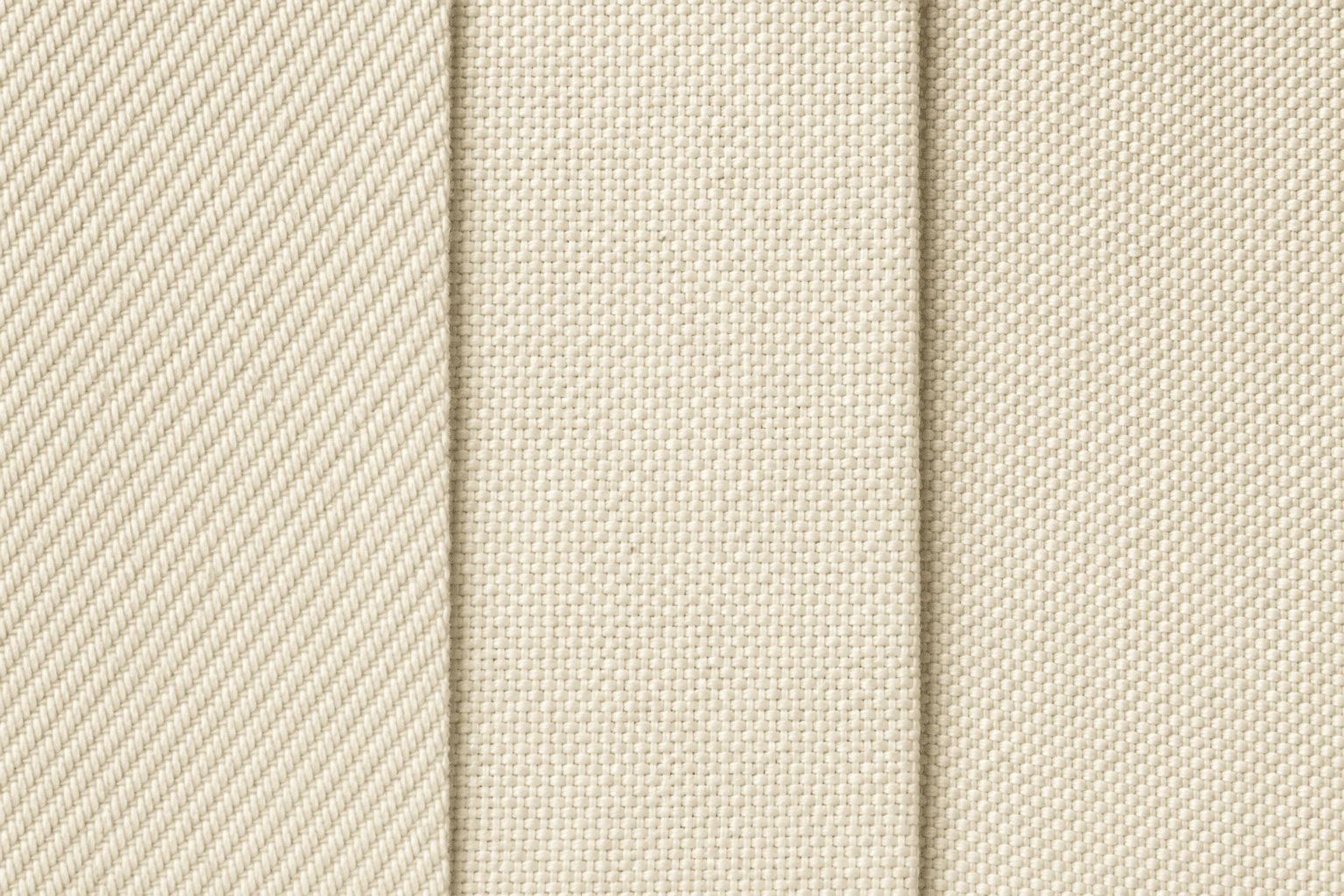 Three apron fabric swatches showing twill, canvas and duck weaves