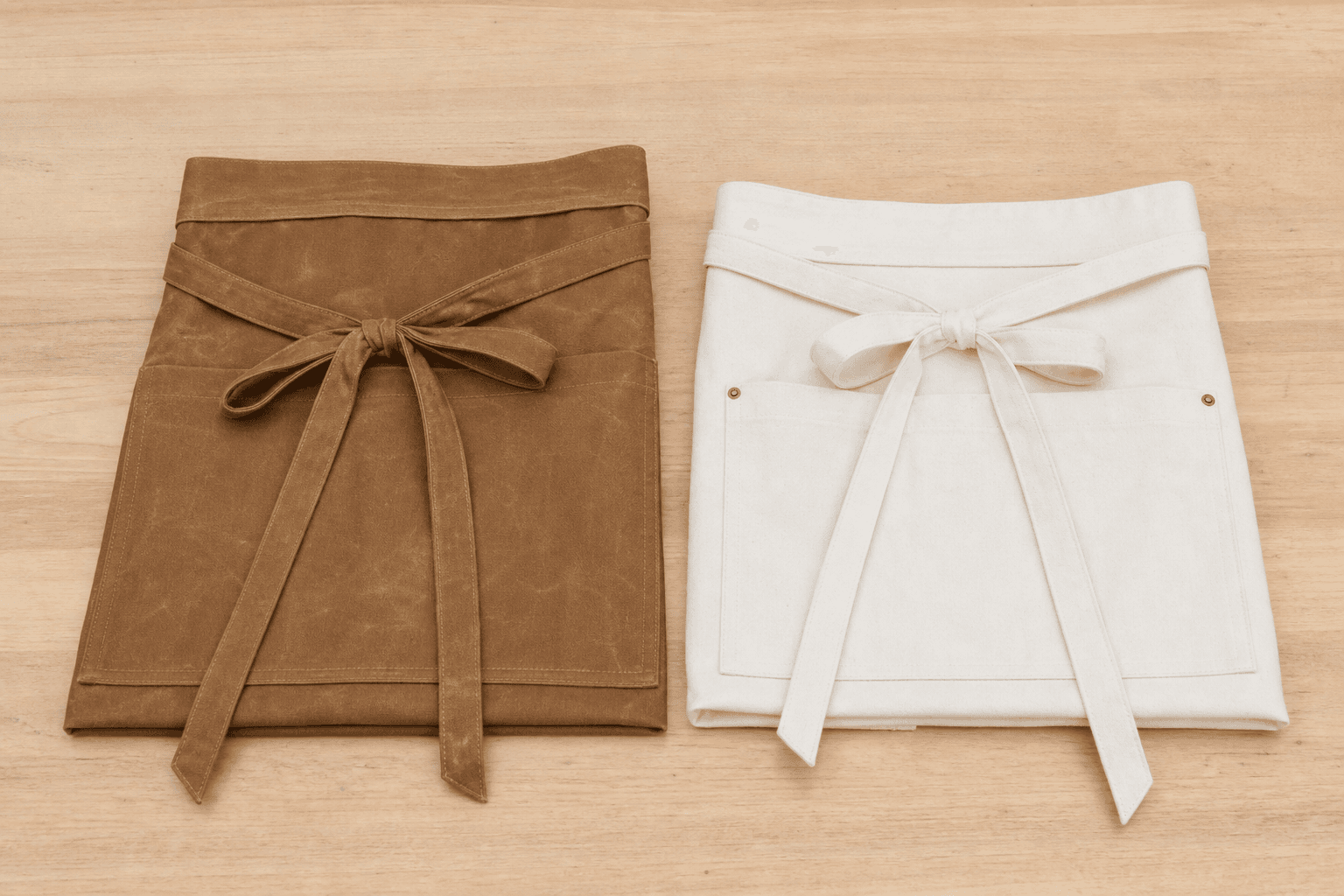 A waxed canvas half apron beside a plain cotton canvas apron on a wooden counter