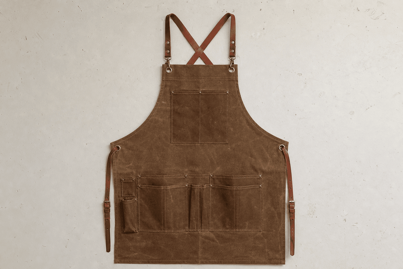 A waxed-canvas woodworking apron with leather straps and tool pockets