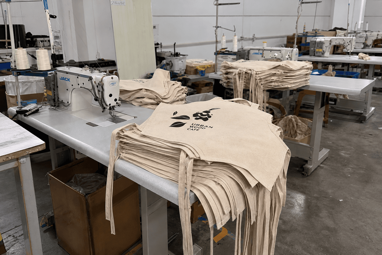 Cut-and-sew line on the Linwa apron factory floor