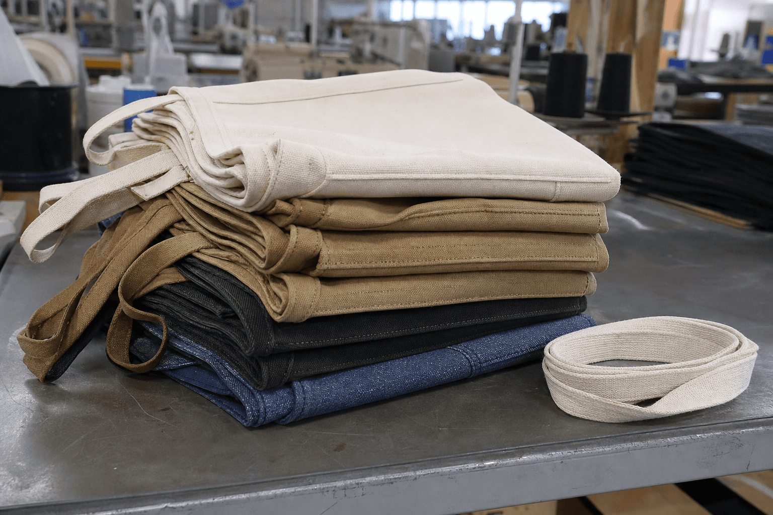 Stack of folded heavyweight cotton canvas aprons in the factory